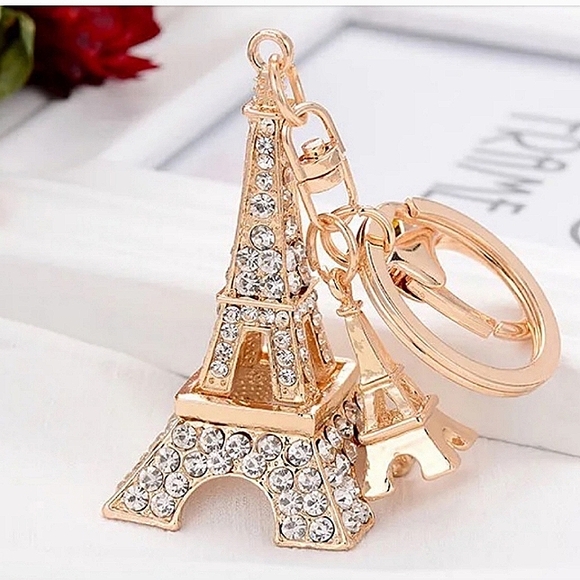 RHINESTONE DOUBLE EFFLE TOWER PURSE CHARM OR KEYRING GOLD HARDWARE UNBRANDED - Picture 1 of 9